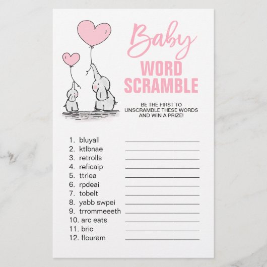 Elephant Pink White Girl Baby Dusche WORD SCRAMBLE Flyer (Vorne)