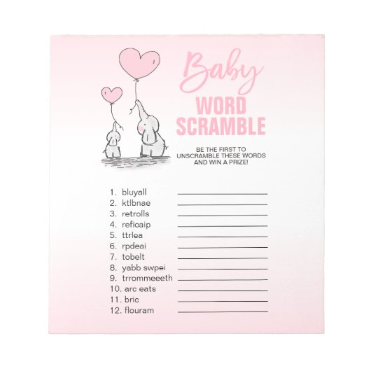 Elephant Pink White Girl Baby Dusche WORD SCRAMBLE Notizblock (Vorderseite)