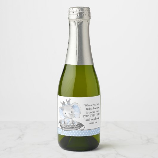 Elephant Prince Baby Dusche Mini Sparkling Schaumweinetikett (Vorderseite)