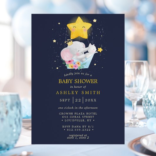 Elephant Prince Stars Navy Boy Baby Shower Einladung