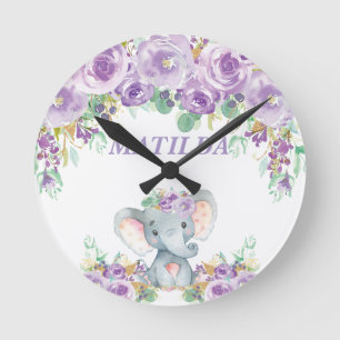 Elephant Purple Floral Kids Nursery Bedroom Decor Runde Wanduhr