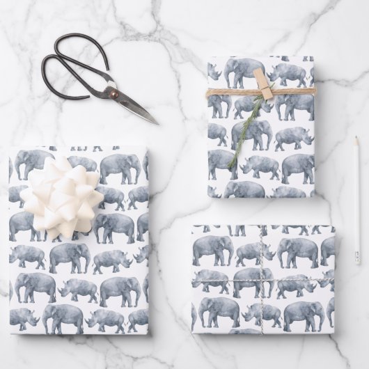 Elephant Rhino Wasserfarbmuster Geschenkpapier Set (Vorderseite)