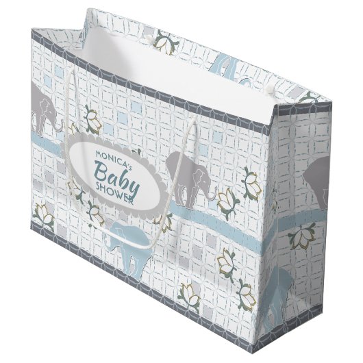 Elephant Safari Blue | Babydusche Große Geschenktüte (Vorderseite Schrägansicht)