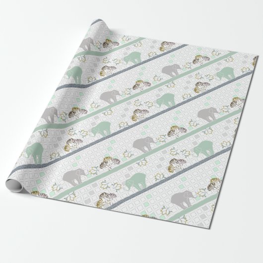Elephant Safari Green | Babydusche Geschenkpapier (Ungerollt)