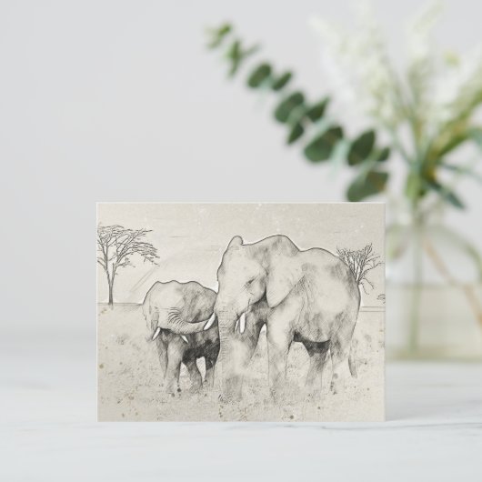 Elephant Safari Sketch Post Card Postkarte (Stehend Vorderseite)