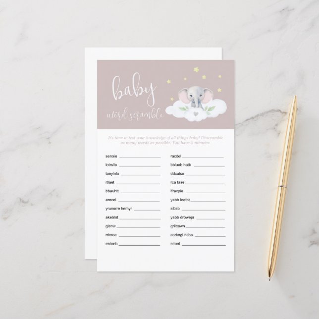Elephant Shower Baby Word Scramble Game Pink (Vorderseite/Rückseite Beispiel)