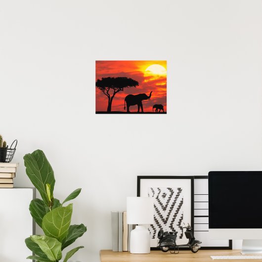 Elephant Silhouette Scene mit Orange Sky Poster (Heimbüro)