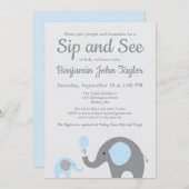 Elephant Sip and See Einladungen in Blau und Grau (Vorne/Hinten)