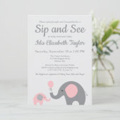 Elephant Sip and See Einladungen in Rosa und Grau (Stehend Vorderseite)