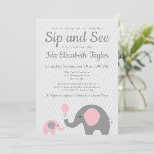 Elephant Sip and See Einladungen in Rosa und Grau (Stehend Vorderseite)