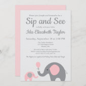 Elephant Sip and See Einladungen in Rosa und Grau (Vorne/Hinten)