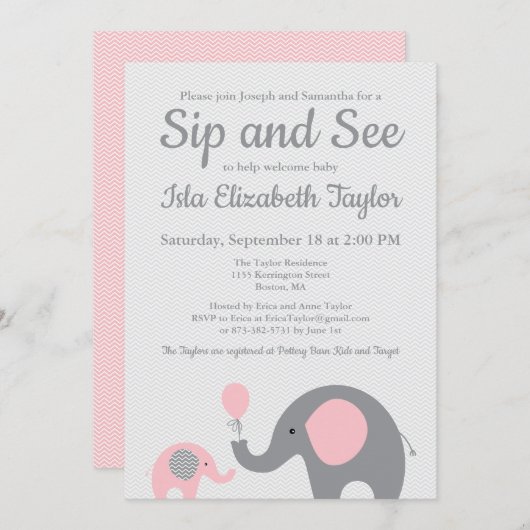 Elephant Sip and See Einladungen in Rosa und Grau (Vorne/Hinten)