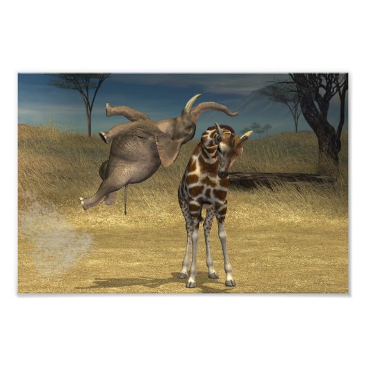 Elephant springt über Giraffe Fotodruck (Vorne)