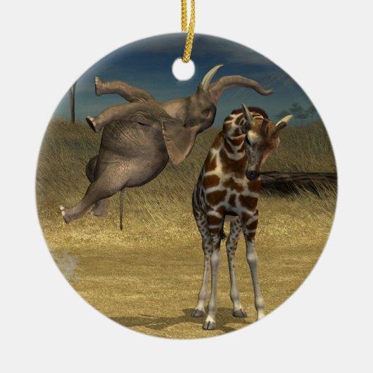 Elephant springt über Giraffe Keramik Ornament (Vorne)