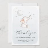 Elephant Stars Moon Dusty Blue Boy Baby Dusche Dankeskarte (Vorderseite)