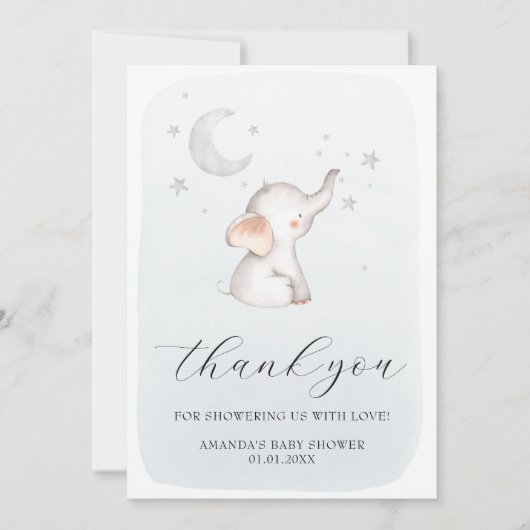 Elephant Stars Moon Dusty Blue Boy Baby Dusche Dankeskarte (Vorderseite)