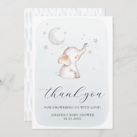 Elephant Stars Moon Dusty Blue Boy Baby Dusche Dankeskarte (Vorne/Hinten)