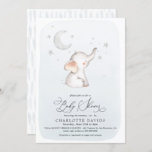 Elephant Stars Moon Dusty Blue Boy Baby Dusche Einladung