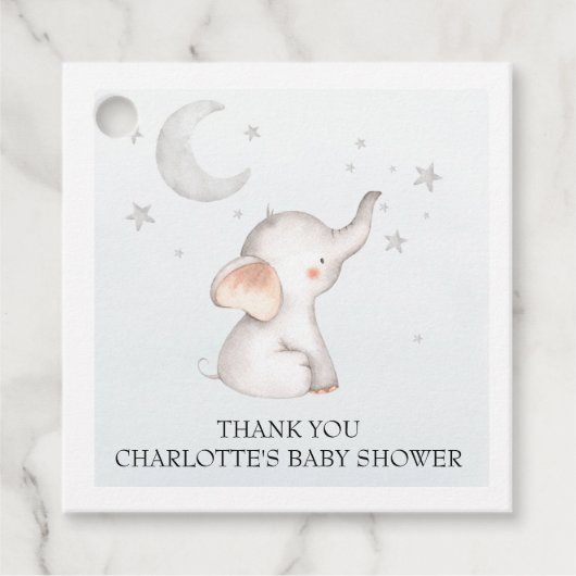 Elephant Stars Moon Dusty Blue Boy Baby Showgi Geschenkanhänger (Vorderseite)