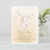 Elephant Stars Moon Yellow Neutral Baby Shower Einladung (Stehend Vorderseite)