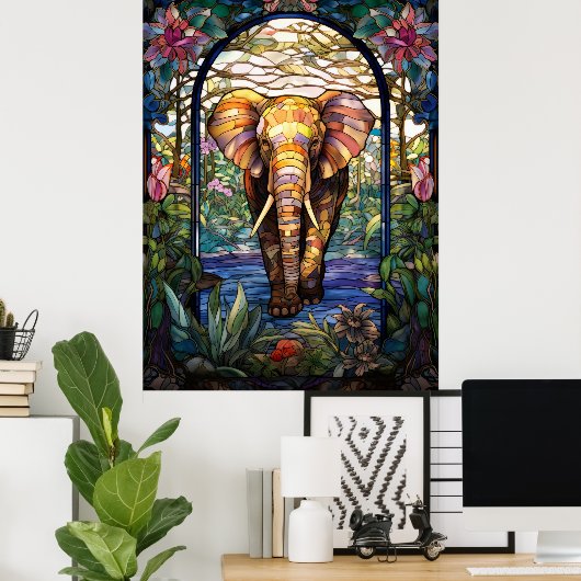 Elephant Stated Glass Window Design Poster (Heimbüro)