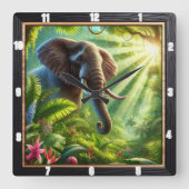 Elephant Stehend Amidlush Dschungel Foliage Quadratische Wanduhr (Vorderseite)
