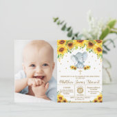 Elephant Sunflower Christening Taufe Boy Foto Einladung (Stehend Vorderseite)