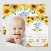 Elephant Sunflower Christening Taufe Boy Foto Einladung (Vorne/Hinten)