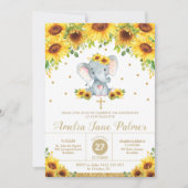 Elephant Sunflower Floral Christening Taufe Girl Einladung (Vorderseite)