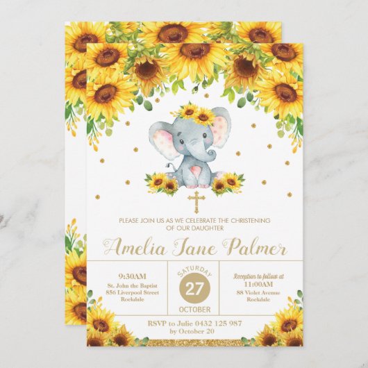 Elephant Sunflower Floral Christening Taufe Girl Einladung (Vorne/Hinten)