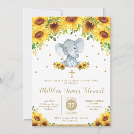 Elephant Sunflower Floral Christening Taufe Junge Einladung (Vorderseite)
