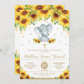 Elephant Sunflower Floral Christening Taufe Junge Einladung (Vorne/Hinten)