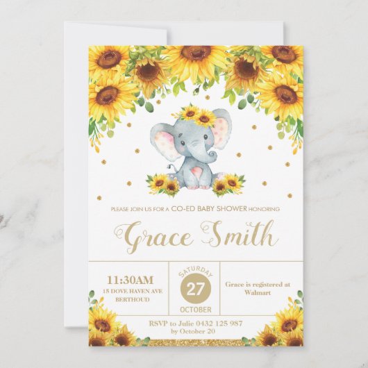 Elephant Sunflower Floral Co-Ed Baby Shower Girl Einladung (Vorderseite)