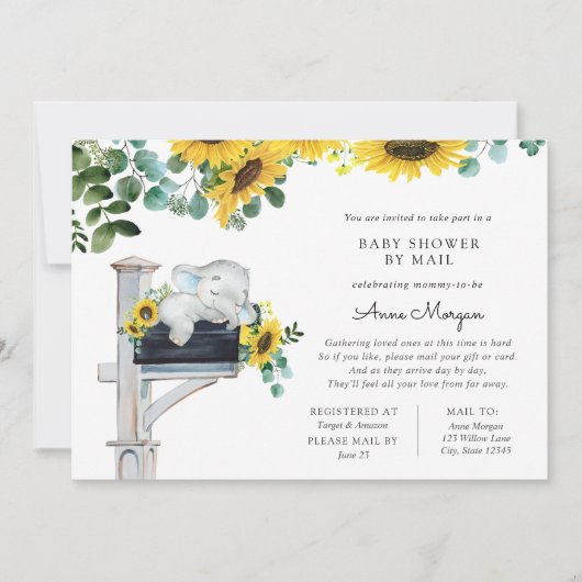 Elephant Sunflowers Baby Dusche by Mail Einladung (Vorderseite)