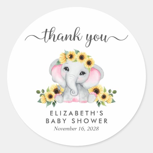 Elephant Sunflowers Baby Girl Dusche Vielen Dank Runder Aufkleber (Vorderseite)