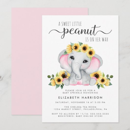 Elephant Sunflowers Pink Watercolor Baby Sprinkle Einladung (Vorne/Hinten)