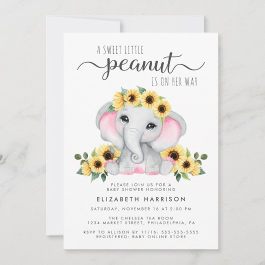 Elephant Sunflowers Pink Watercolor Babydusche Einladung (Vorderseite)