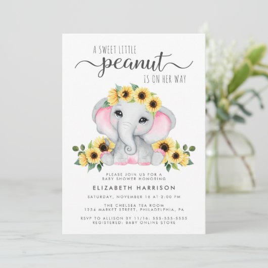 Elephant Sunflowers Pink Watercolor Babydusche Einladung (Stehend Vorderseite)