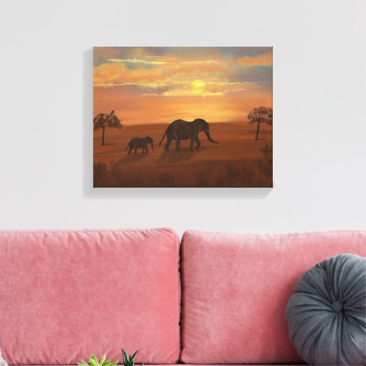 Elephant Sunset Oil Painting - Wrapped Canvas wall Leinwanddruck (Insitu (Wohnzimmer))