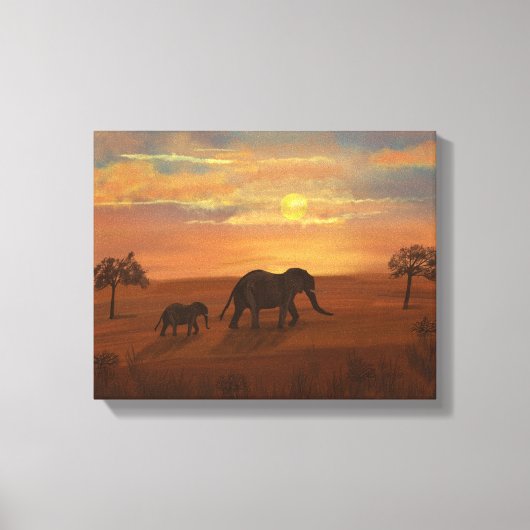 Elephant Sunset Oil Painting - Wrapped Canvas wall Leinwanddruck (Vorderseite)