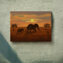 Elephant Sunset Oil Painting - Wrapped Canvas wall