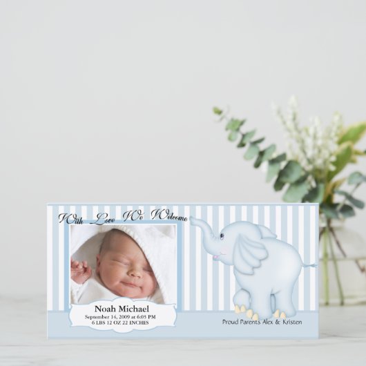 Elephant Sweet Baby Boy Birth Ankündigung (Stehend Vorderseite)