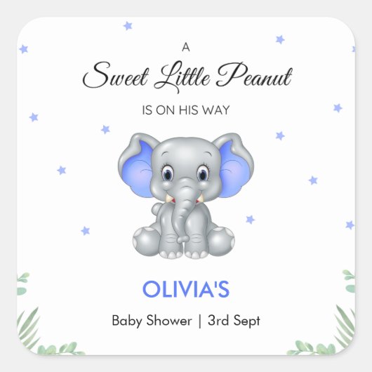 Elephant Sweet Little Peanut Boy Baby Dusche Quadratischer Aufkleber (Vorderseite)