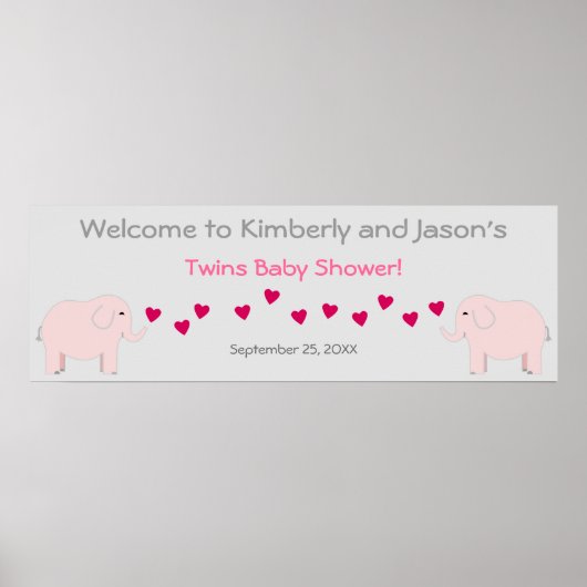 Elephant Theme Twin Girls Baby Shower Banner Poster (Vorne)