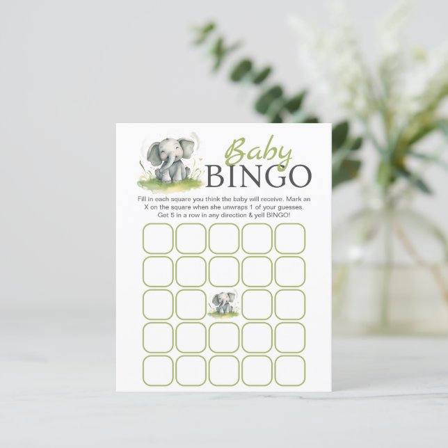 Elephant Themed Baby Dusche Bingo Paper Sheet (Stehend Vorderseite)