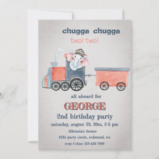 Elephant Train Birthday Einladung (Vorderseite)