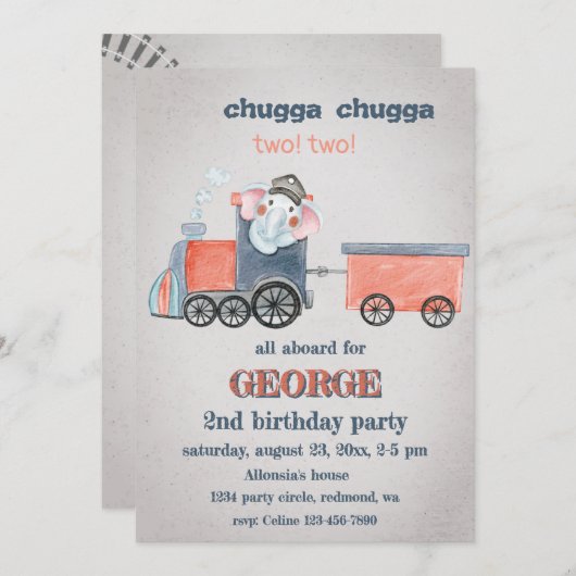 Elephant Train Birthday Einladung (Vorne/Hinten)