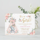 Elephant Tribal Blush Floral Girl Baby Dusche Einladung (Stehend Vorderseite)