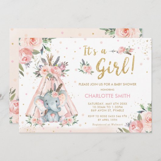 Elephant Tribal Blush Floral Girl Baby Dusche Einladung (Vorne/Hinten)
