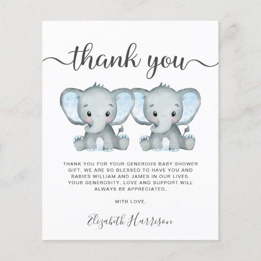 Elephant Twin Baby Boys Dusche Danke Karte (Vorderseite)
